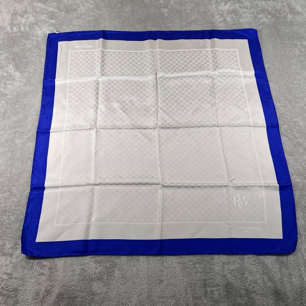 Raymond Weil Silk Scarf Pocket Square Blue White Logo Swiss Made Accessory
